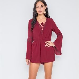 Crochet Bell Sleeve Lace-up Romper